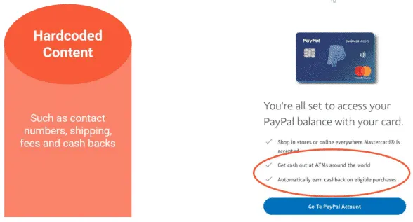 Hardcoded content such as contact numbers, shipping, fees and cash backs