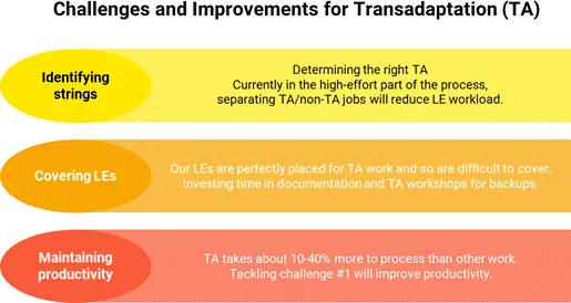 Challenges and improvements for transadaptation: identifying strings, covering Language Experts, maintaining productivity